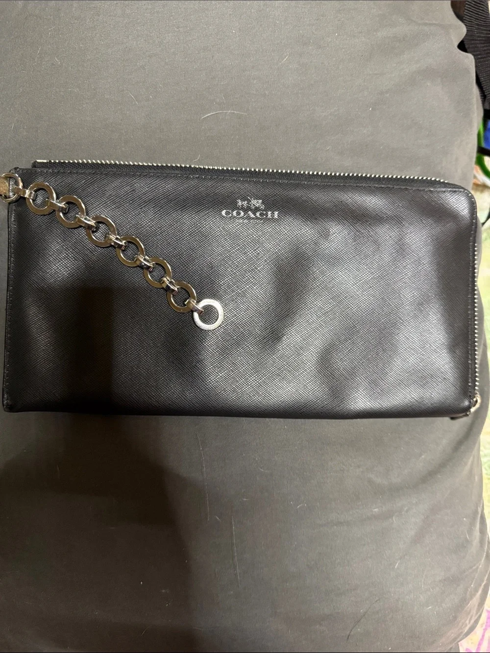 Coach Black Leather Zip Wristlet with Chain Accent